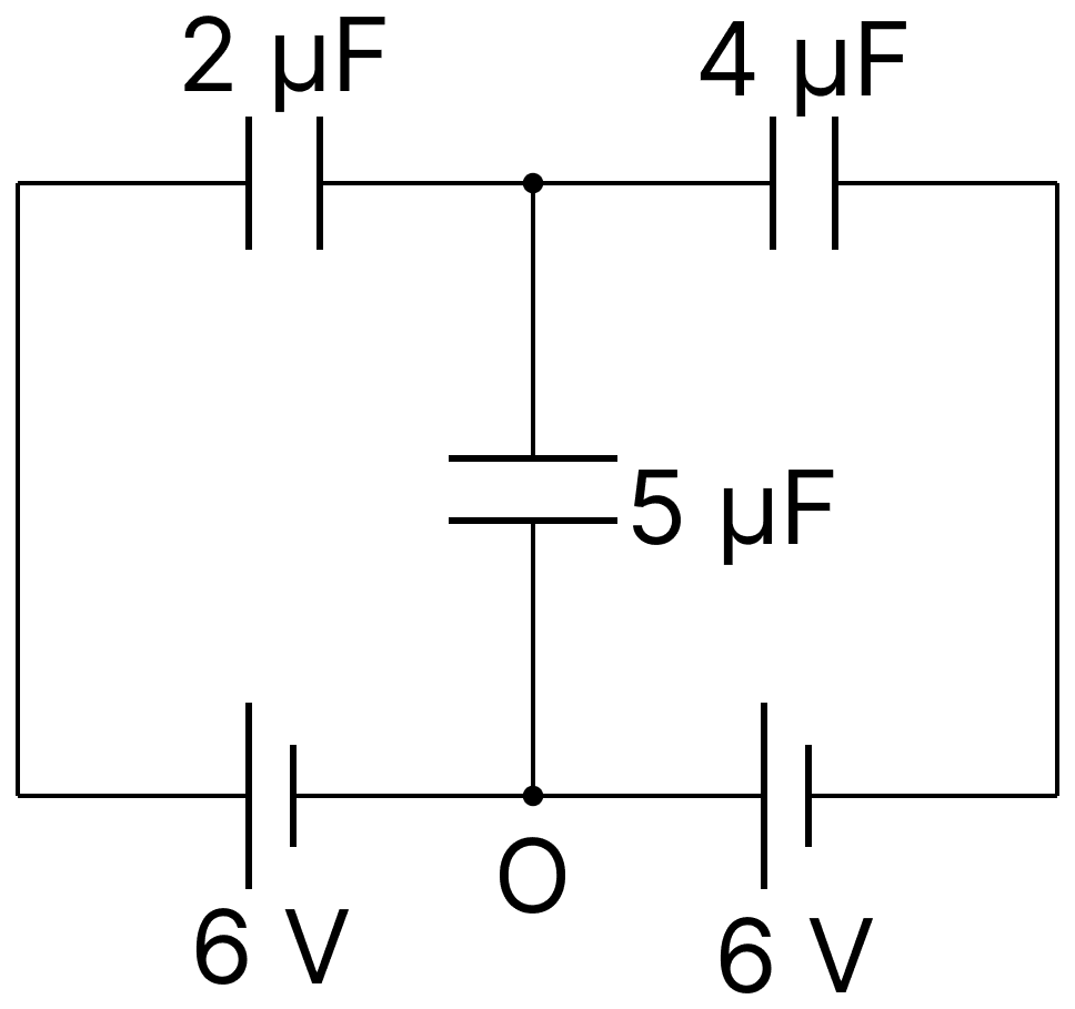 In the circuit shown, charge on the 5 &micro;F capacitor is:. Capacitors Dielectrics, Nootan Physics Solutions ICS Class 12