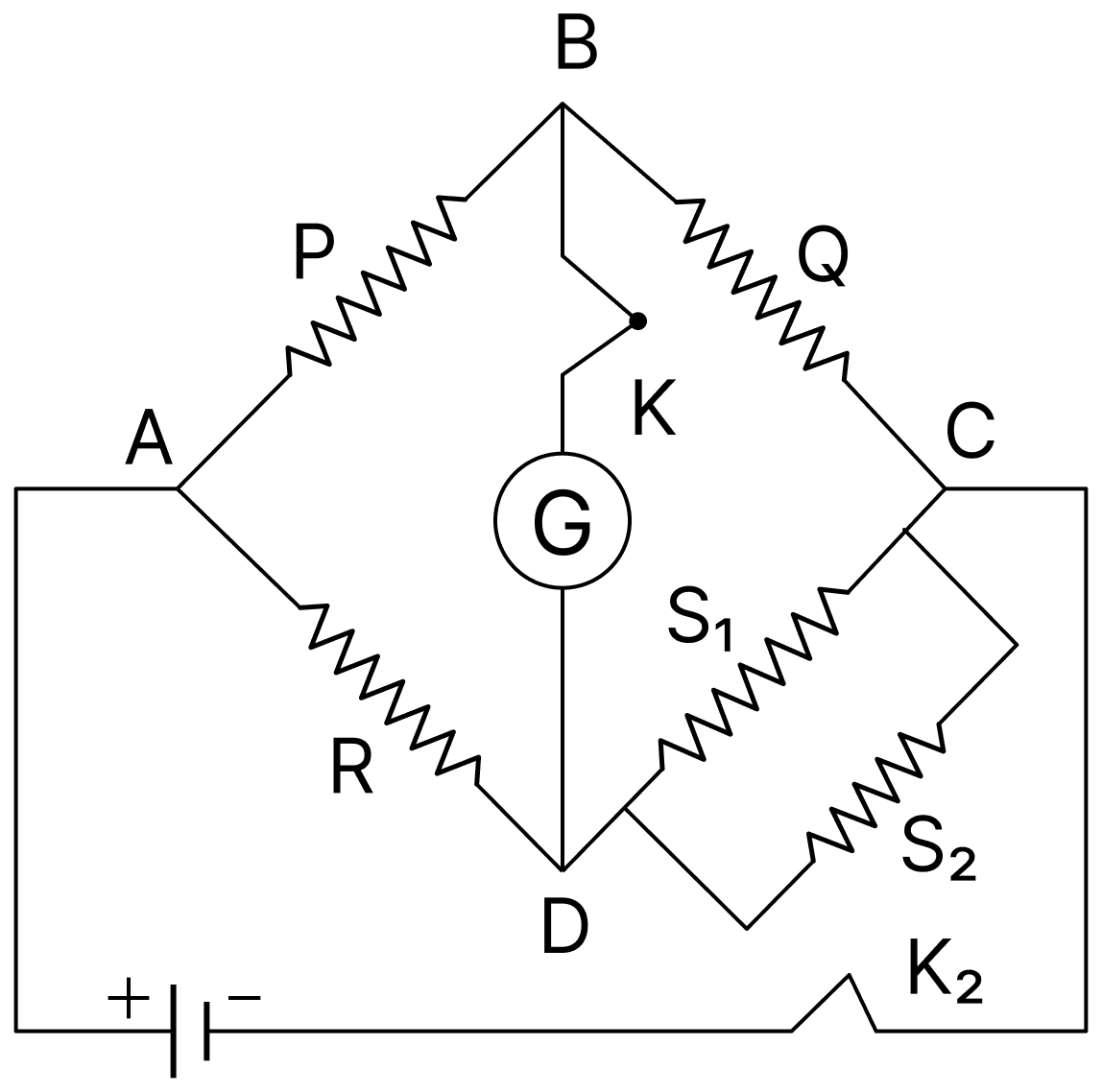 In a Wheatstone bridge, three resistances P, Q and R are connected in the three arms, and the fourth arm is formed by two resistances S 1 and S 2 connected in parallel. Evaluate the new condition for the bridge to be balanced. DC Circuits and Measurements, Nootan Physics Solutions ICS Class 12