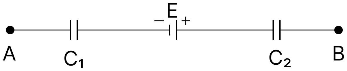 A circuit has a section AB as shown in the figure with E = 10 V, C 1 = 1.0 &micro;F, C 2 = 2.0 &micro;F and the potential difference V A &minus; V B = 5V. The voltage across C 1 is:. Capacitors Dielectrics, Nootan Physics Solutions ICS Class 12
