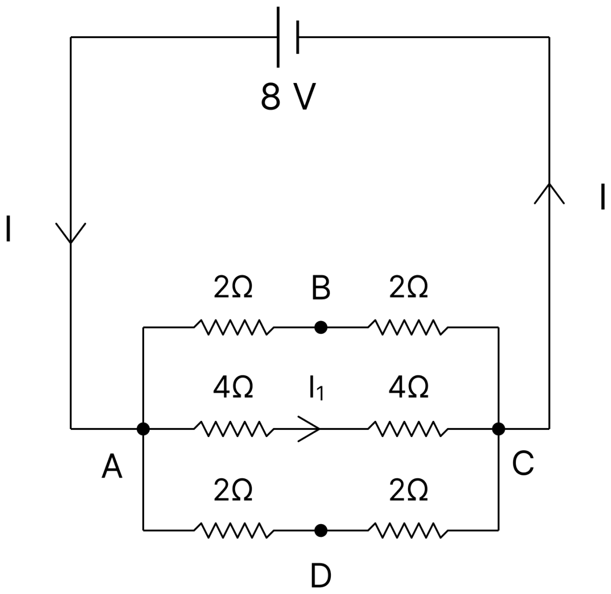 The value of current I 1 flowing from A to C in the circuit diagram is:. DC Circuits and Measurements, Nootan Physics Solutions ICS Class 12