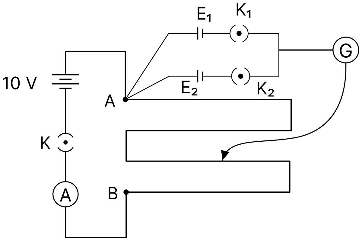 Two cells of electromotive forces (emfs) approximately 5 V and 10 V are to be accurately compared using a potentiometer of length 400 cm. The student sets up the circuit as shown in the diagram. However, he is not able to measure the ratio of emfs correctly. Analyse the circuit shown and spot a minimum of two errors in the circuit. Explain with proper reasoning. DC Circuits and Measurements, Nootan Physics Solutions ICS Class 12