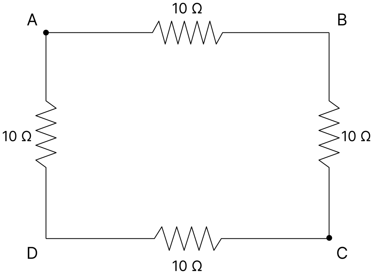 Four resistors, each 10 Ω are joined in the form of a square. Find the equivalent resistance between two diagonally-opposite corners. Electric Resistance and Ohm's Law, Nootan Physics Solutions ICS Class 12