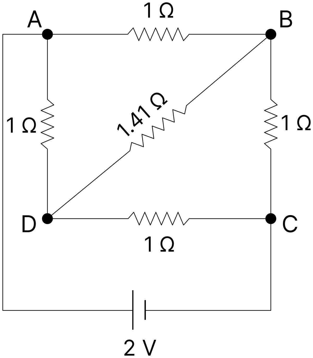 A wire whose resistance 0.1 Ω/cm, is bent in the form of a square ABCD of side 10 cm. An exactly similar wire is connected across the points B and D. What will be the equivalent resistance between the other two corners A and C of the square? If a 2 V battery be connected between A and C, then what will be the current drawn from the battery? If an ammeter be connected across B and D, what will it read? Electric Resistance and Ohm's Law, Nootan Physics Solutions ICS Class 12