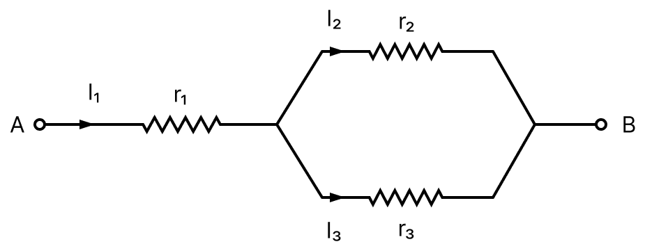 Three resistors having resistances r 1, r 2 and r 3 are connected as shown in the given circuit. The ratio text I_3/ text I_1 of currents in terms of resistances used in the circuit is:. Electric Resistance and Ohm's Law, Nootan Physics Solutions ICS Class 12