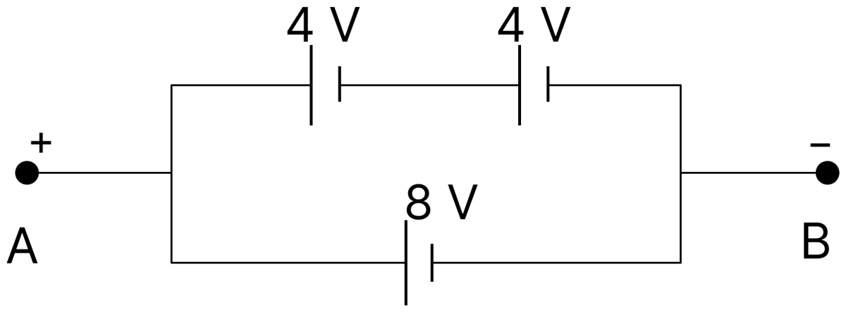 Calculate the net emf across A and B shown in given figure. DC Circuits and Measurements, Nootan Physics Solutions ICS Class 12