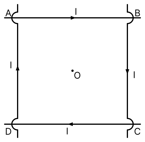 Four infinitely long wires are placed in the same plane. Each wire carries the same current I in the direction as shown in the figure. The resulting magnetic field at the centre of the square ABCD of length L on each side is:. Moving Charges and Magnetic Field, Nootan Physics Solutions ICS Class 12