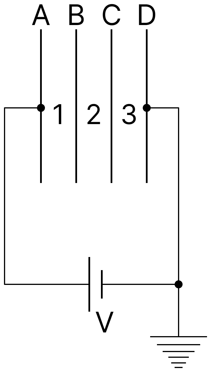 A, B, C and D are four thin, similar metallic parallel plates, equally separated by distance d and connected to a cell of PD V as shown. (i) Write the potentials of A, B, C and D. (ii) If B and C be connected by a wire, then what will be the potentials of the plates? (iii) How will the electric fields change in the spacings between the plates? (iv) Will the charges on the plates A and D change? Capacitors Dielectrics, Nootan Physics Solutions ICS Class 12