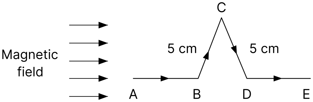 A triangular shaped wire carrying 10 A current is placed in a uniform magnetic field of 0.5 T, as shown in figure. (Given, BC = CD = BD = 5 cm). Find: (i) The magnetic force on segment CD. Moving Charges and Magnetic Field, Nootan Physics Solutions ICS Class 12