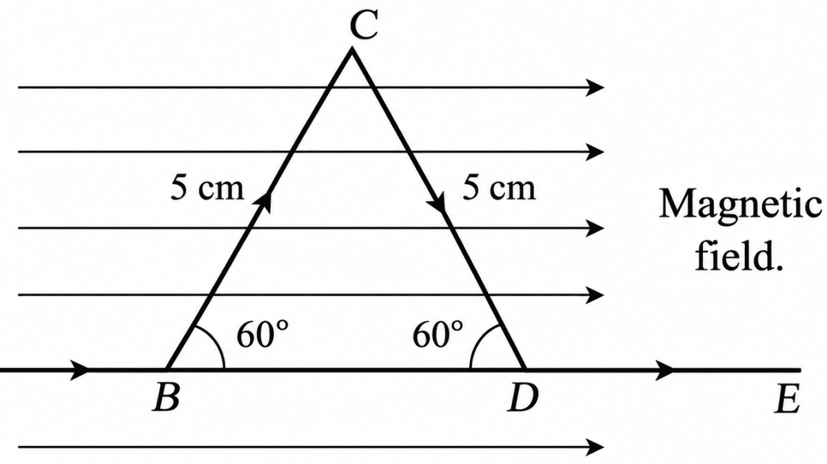 A triangular shaped wire carrying 10 A current is placed in a uniform magnetic field of 0.5 T, as shown in figure. (Given, BC = CD = BD = 5 cm). Find: (i) The magnetic force on segment CD. Moving Charges and Magnetic Field, Nootan Physics Solutions ICS Class 12