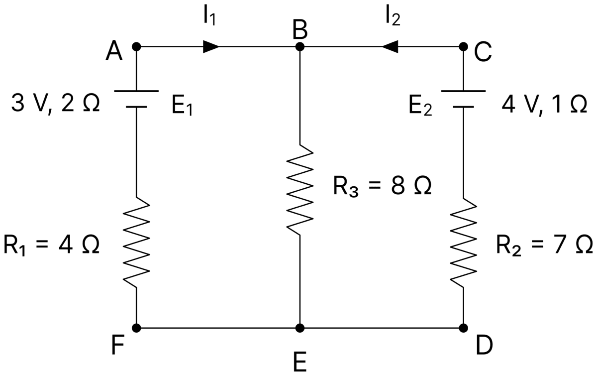 E 1 and E 2 are two batteries having emfs of 3V and 4V and internal resistance of 2 &Omega; and 1 &Omega; respectively. They are connected as shown in figure. Using Kirchhoffs laws of electrical circuits, calculate the current I 1 and I 2. DC Circuits and Measurements, Nootan Physics Solutions ICS Class 12