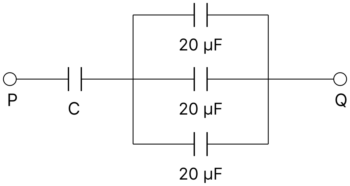Calculate the capacitance C in the given figure. The equivalent capacitance of the combination between P and Q is 30 &micro;F. Capacitors Dielectrics, Nootan Physics Solutions ICS Class 12