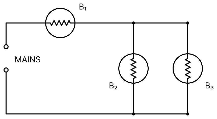Three bulbs B 1, B 2 and B 3 of equal resistances are connected to an electric mains, as shown. If the bulb B 3 is removed from the circuit, then what will be the effect on the brightness of the bulbs B 1 and B 2? Electric Resistance and Ohm's Law, Nootan Physics Solutions ICS Class 12