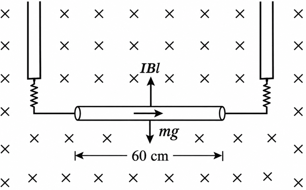 A 60 cm long wire (mass 10 g) is hanged by two flexible wires in a magnetic field of 0.40 T. Find the magnitude and direction of the current required to be flown to neutralize the tension of the hanging wires. Moving Charges and Magnetic Field, Nootan Physics Solutions ICS Class 12