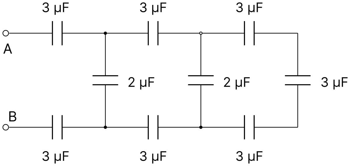 Calculate the equivalent capacitance between the points A and B in the given circuit. If 100 V PD is established between A and B then what will be the charge on the capacitor closest to? Capacitors Dielectrics, Nootan Physics Solutions ICS Class 12