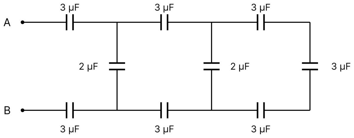 Calculate the equivalent capacitance between the points A and B in the given circuit. If 100 V PD is established between A and B then what will be the charge on the capacitor closest to? Capacitors Dielectrics, Nootan Physics Solutions ICS Class 12