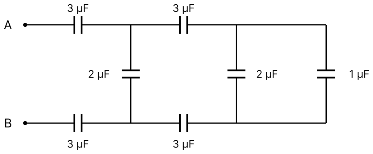 Calculate the equivalent capacitance between the points A and B in the given circuit. If 100 V PD is established between A and B then what will be the charge on the capacitor closest to? Capacitors Dielectrics, Nootan Physics Solutions ICS Class 12