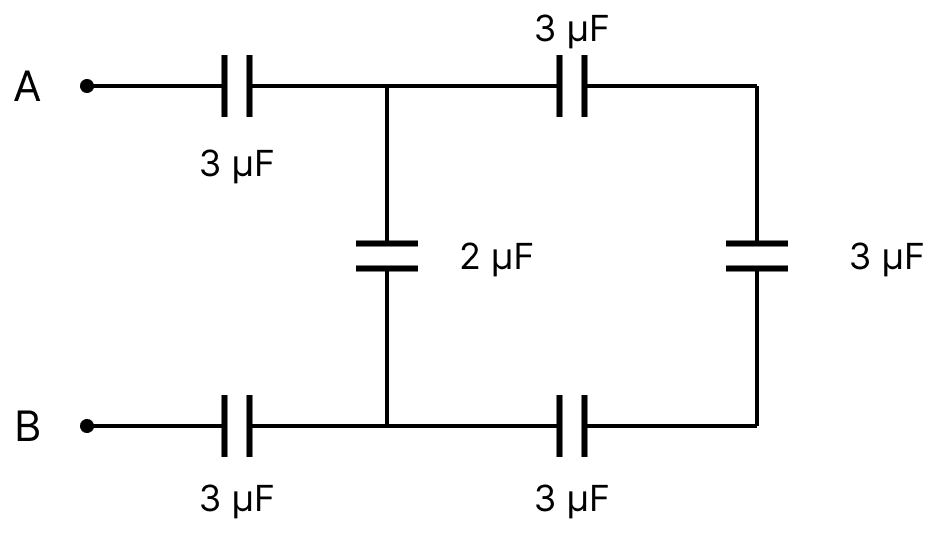 Calculate the equivalent capacitance between the points A and B in the given circuit. If 100 V PD is established between A and B then what will be the charge on the capacitor closest to? Capacitors Dielectrics, Nootan Physics Solutions ICS Class 12