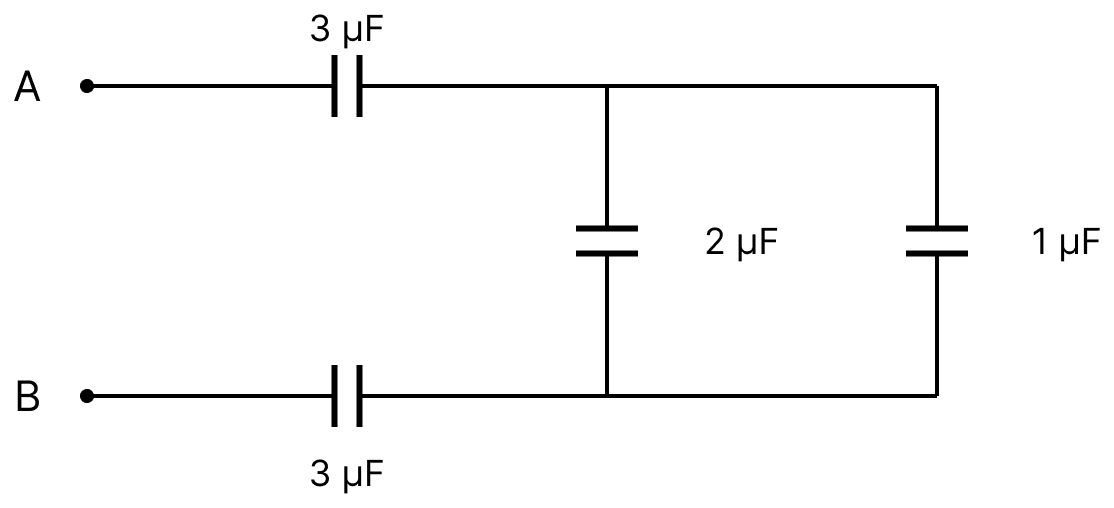 Calculate the equivalent capacitance between the points A and B in the given circuit. If 100 V PD is established between A and B then what will be the charge on the capacitor closest to? Capacitors Dielectrics, Nootan Physics Solutions ICS Class 12