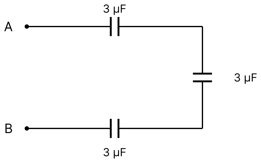 Calculate the equivalent capacitance between the points A and B in the given circuit. If 100 V PD is established between A and B then what will be the charge on the capacitor closest to? Capacitors Dielectrics, Nootan Physics Solutions ICS Class 12