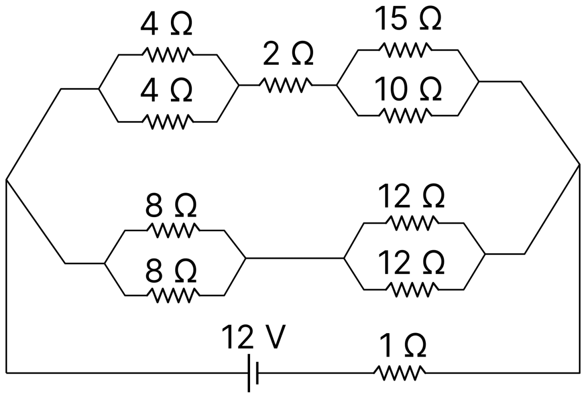 The voltage drop across 15 &Omega; resistance in the given figure will be............... V. DC Circuits and Measurements, Nootan Physics Solutions ICS Class 12