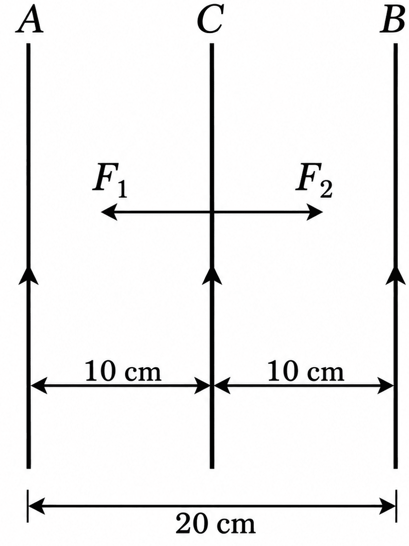 Two very long, straight, parallel wires A and B carry currents of 10 A and 20 A respectively and are at a distance 20 cm apart. If a third wire C (length 15 cm) having a current of 10 A is placed between them, how much force will act on C? The direction of current in all the three wires is same. Moving Charges and Magnetic Field, Nootan Physics Solutions ICS Class 12