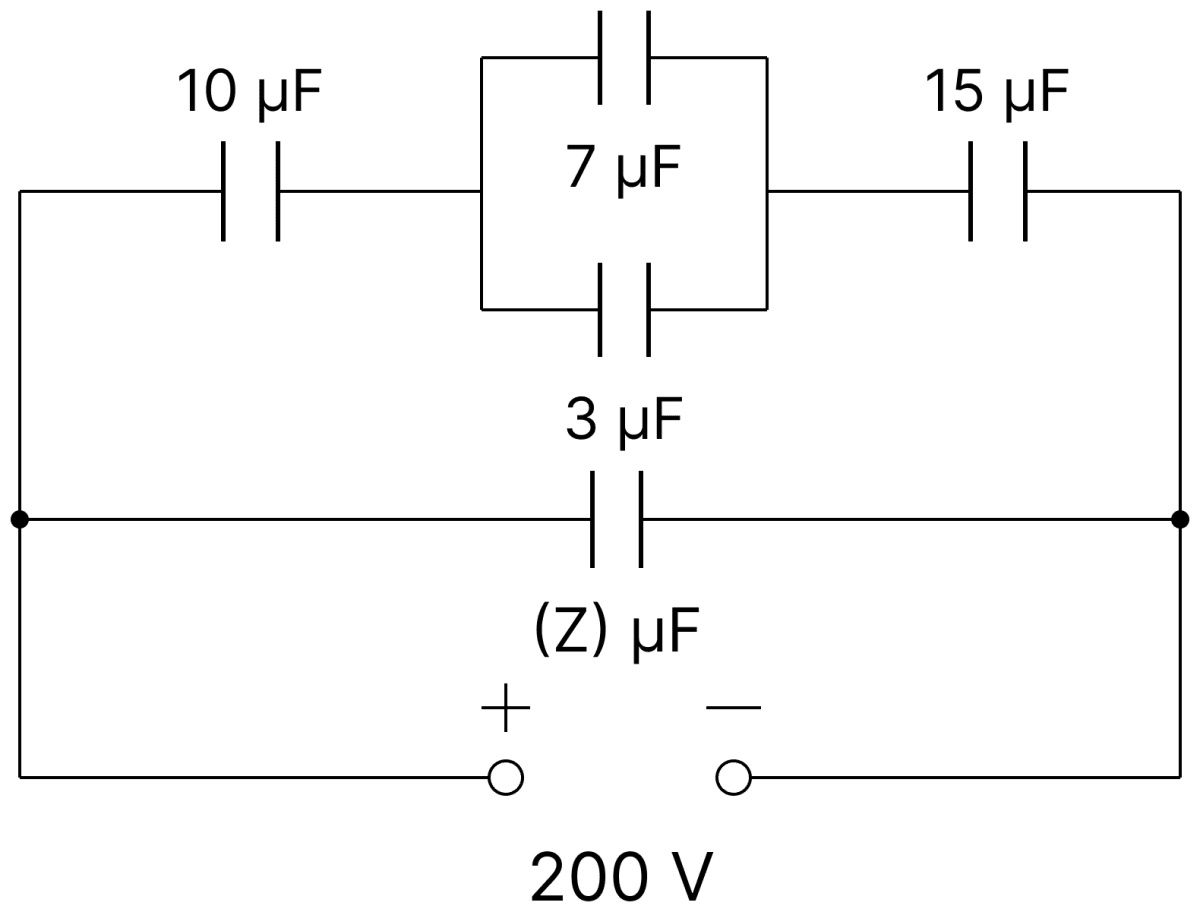 A system of capacitors connected as shown in the figure has total energy of 160 mJ stored in it. Obtain the value of the equivalent capacitance of this system and the value of Z. Capacitors Dielectrics, Nootan Physics Solutions ICS Class 12