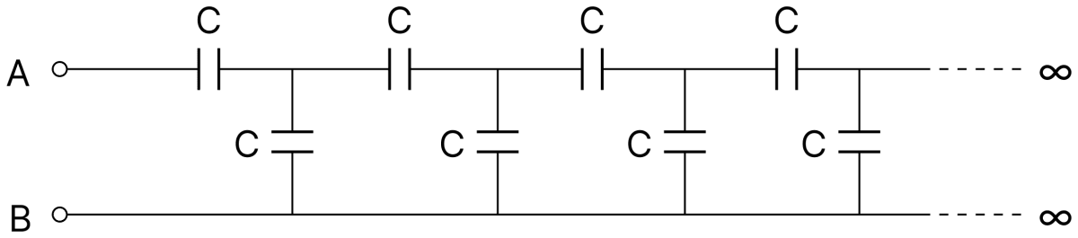 Find the capacitance of an infinite circuit formed by the repetition of the same link consisting of two identical capacitors, each with capacitance C. Capacitors Dielectrics, Nootan Physics Solutions ICS Class 12