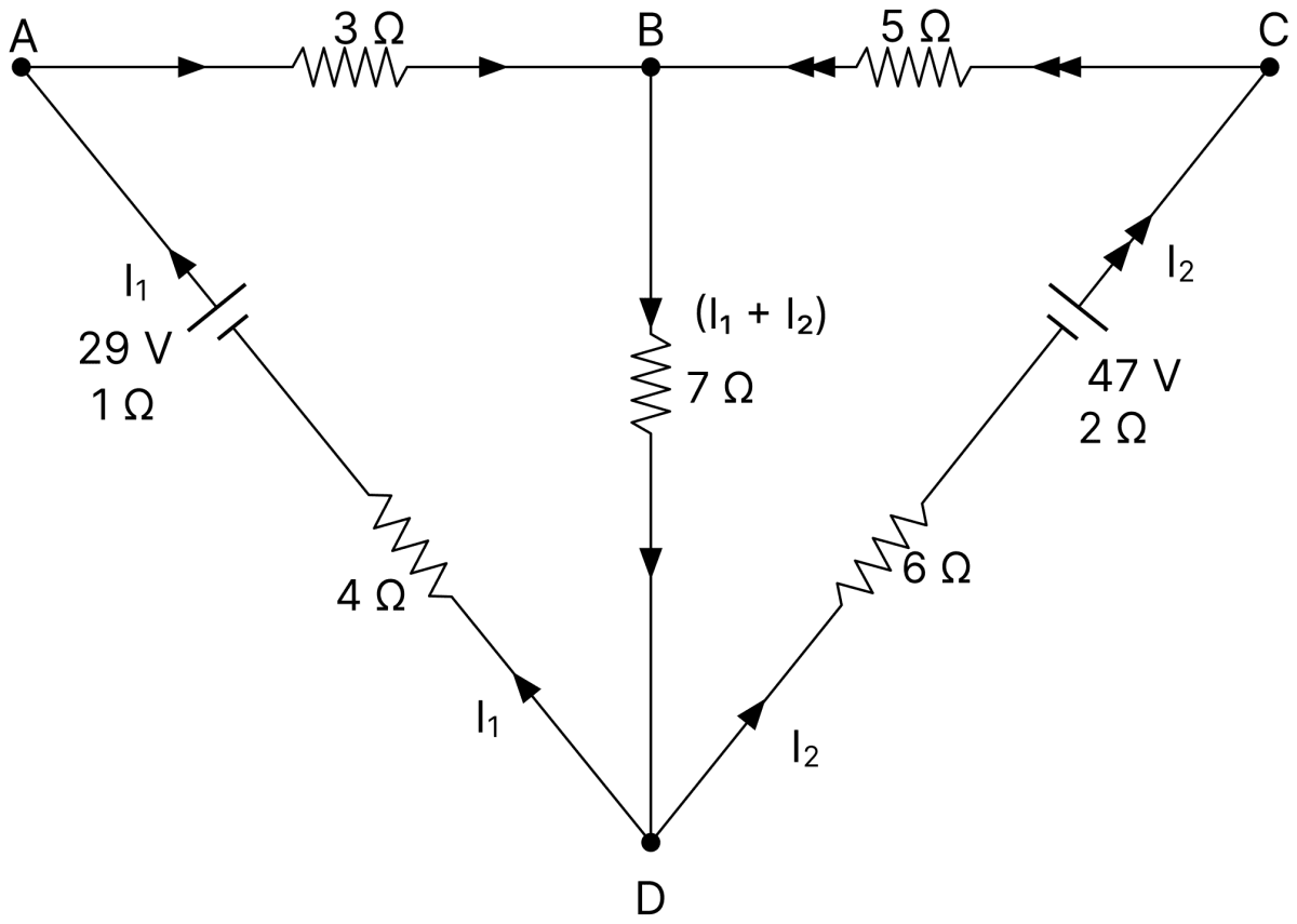An electrical circuit is shown in the given figure. Apply Kirchhoffs laws of electrical networks to any two loops and calculate the values of currents I 1 and I 2. DC Circuits and Measurements, Nootan Physics Solutions ICS Class 12