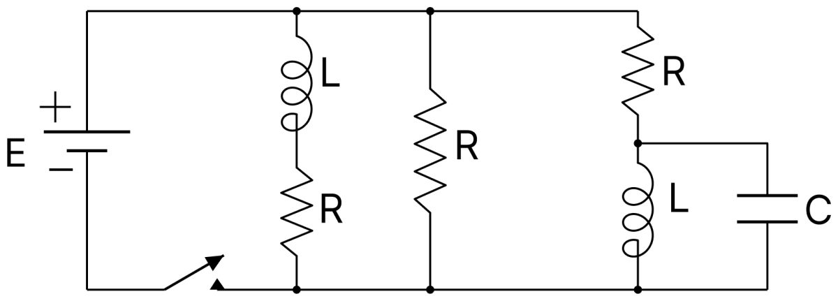 Figure shows a circuit that contains three identical resistors with resistance R = 9.0 &Omega; each, two identical inductors with inductance L = 2.0 mH each, and an ideal battery with emf E = 18 V. The current I through the battery just after the switch closed is:. DC Circuits and Measurements, Nootan Physics Solutions ICS Class 12