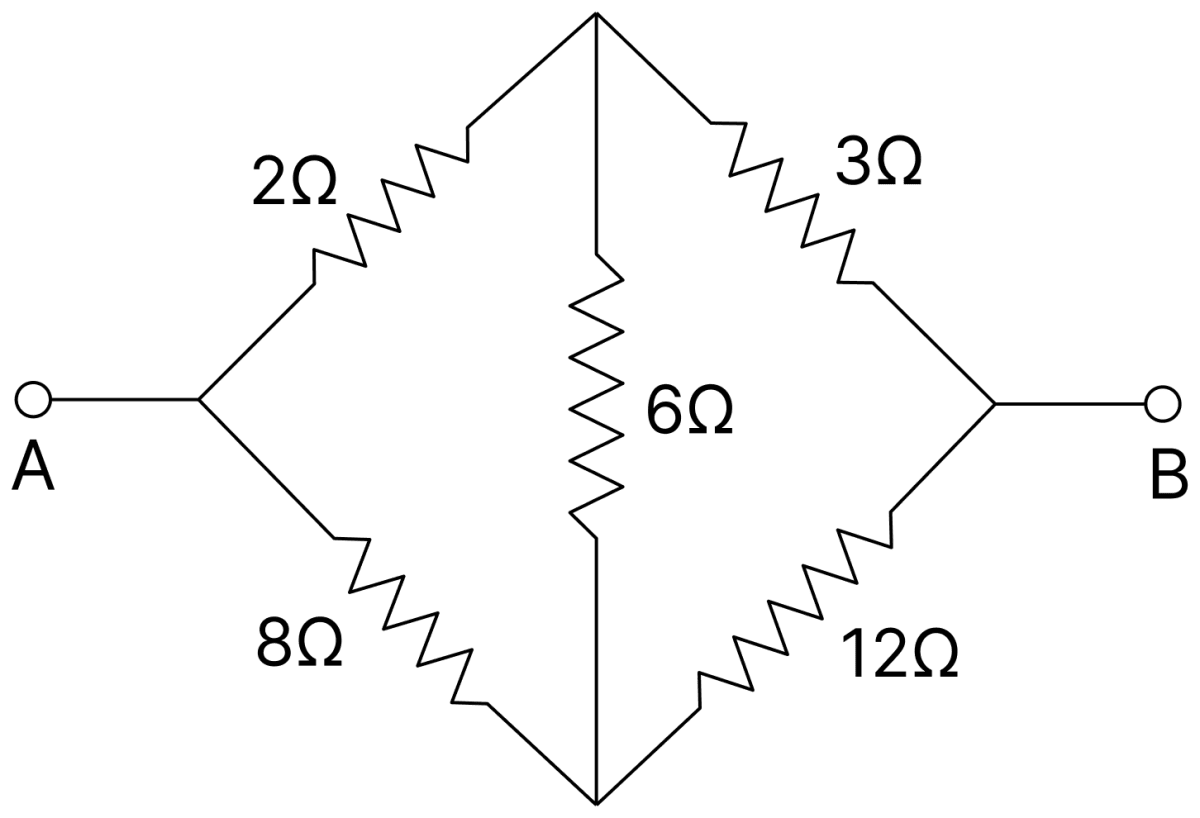 Five resistors are connected as shown in figure. The effective resistance i.e., equivalent resistance between the points A and B is:. DC Circuits and Measurements, Nootan Physics Solutions ICS Class 12