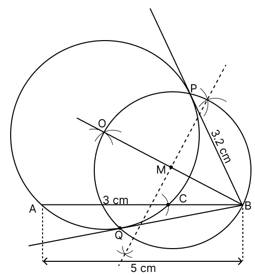 Draw a line AB = 5 cm. Mark a point C on AB such that AC = 3 cm. Using a ruler and a compass only construct: Tangent Properties of Circles, RSA Mathematics Solutions ICSE Class 10.
