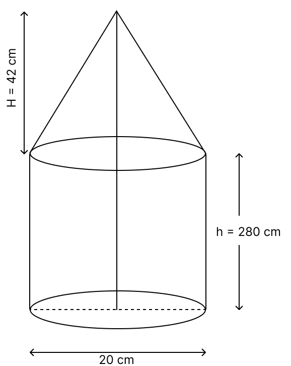 An iron pillar consists of a cylindrical portion, 2.8 m high and 20 cm in diameter and a cone 42 cm high is surrounding it. Find the weight of the pillar, given that 1 cm<sup>3</sup> of iron weighs 7.5 g. Volume And Surface Area of solid RSA Mathematics Solutions ICSE Class 10.
