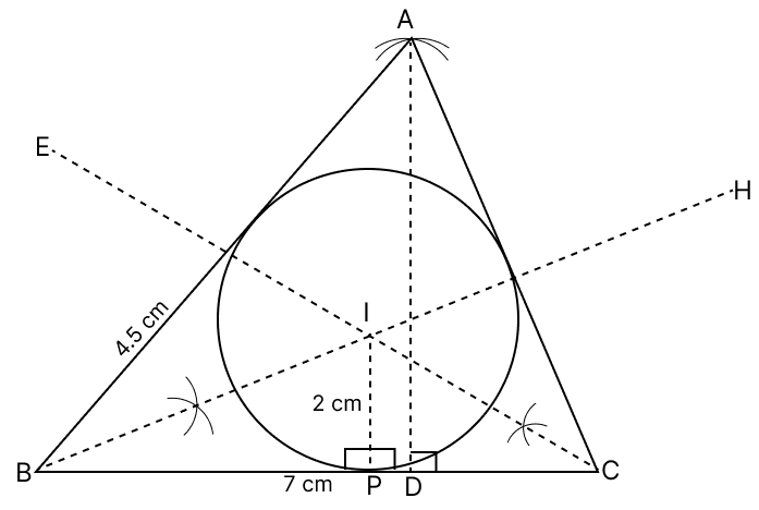 Construct a ΔABC in which AB = 4.5 cm, BC = 7 cm and median AD = 4 cm. Draw the inscribed circle of the triangle and measure its radius. Tangent Properties of Circles, RSA Mathematics Solutions ICSE Class 10.