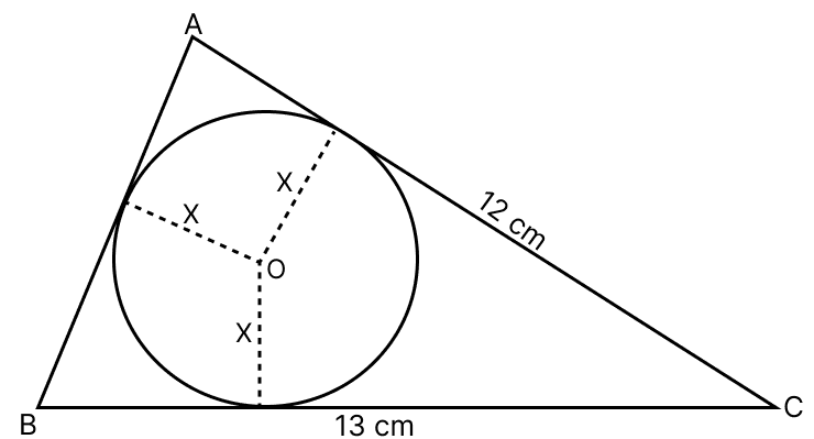ΔABC is a right-angled triangle in which ∠A = 90°, AC = 12 cm and BC = 13 cm. A circle with centre O has been inscribed inside the triangle. Calculate the value of x, the radius of the inscribed circle. Tangent Properties of Circles, RSA Mathematics Solutions ICSE Class 10.