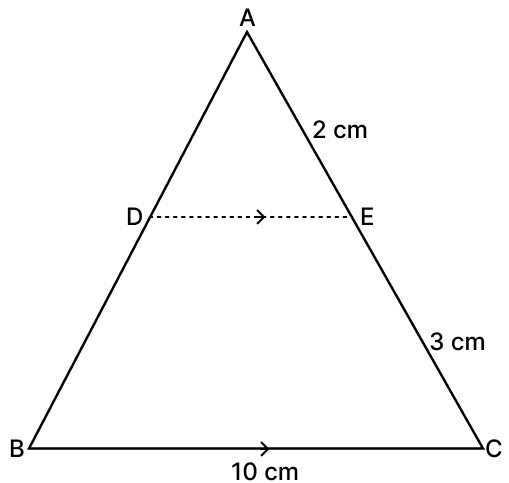 In ΔABC, D and E are points on AB and AC respectively such that DE ∥ BC. If AE = 2 cm, EC = 3 cm and BC = 10 cm, then DE is equal to: Similarity of Triangles, RSA Mathematics Solutions ICSE Class 10.
