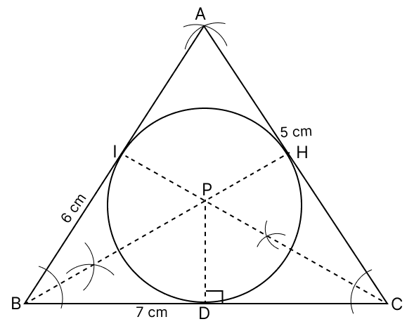 Using compasses and ruler, construct a ΔABC in which AB = 6 cm, BC = 7 cm and AC = 5 cm. Draw a circle inside the triangle touching its sides. Tangent Properties of Circles, RSA Mathematics Solutions ICSE Class 10.