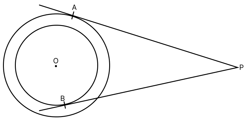 In the given figure, O is the centre of each one of two concentric circles of radii 4 cm and 6 cm respectively. PA and PB are tangents to outer and inner circle respectively. If PA = 10 cm, find the length of PB, upto two places of decimal. Tangent Properties of Circles, RSA Mathematics Solutions ICSE Class 10.