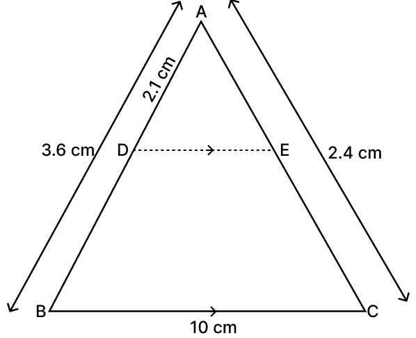 In ΔABC, DE is drawn parallel to BC cutting the other two sides at D and E. If AB = 3.6 cm, AC = 2.4 cm and AD = 2.1 cm, then AE is equal to: Similarity of Triangles, RSA Mathematics Solutions ICSE Class 10.