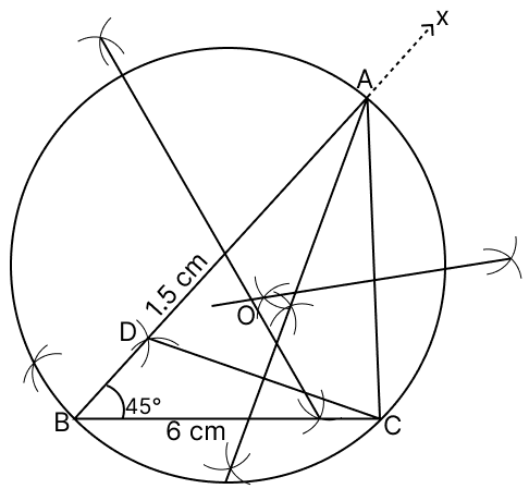 Draw a ΔABC in which BC = 6 cm, ∠B = 45° and (AB − AC) = 1.5 cm. Draw the circumcircle of the triangle. Use ruler and compasses only. Tangent Properties of Circles, RSA Mathematics Solutions ICSE Class 10.