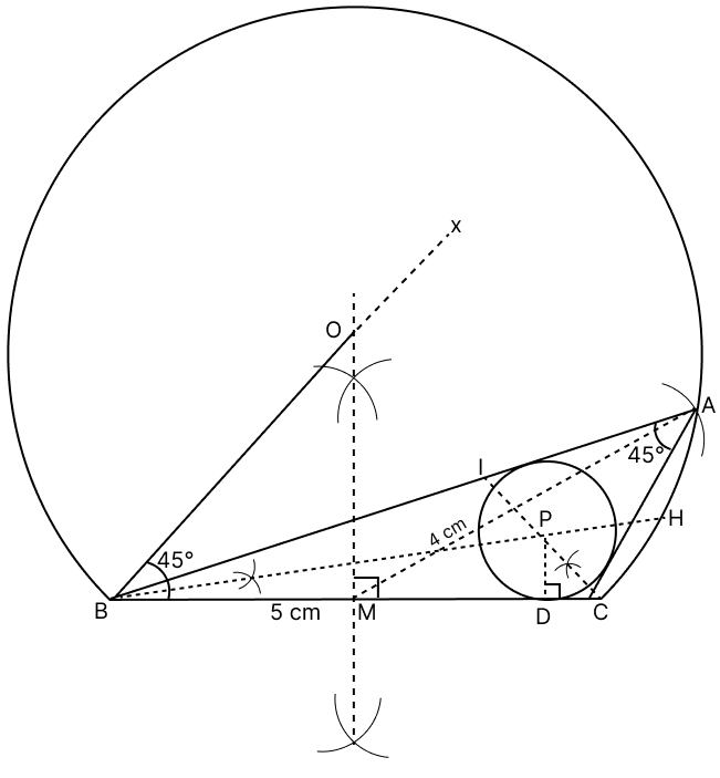 Using ruler and compasses only construct a ΔABC having base = 5 cm, vertical angle = 45° and median through vertex equal to 4 cm. Draw the incircle of the triangle. Tangent Properties of Circles, RSA Mathematics Solutions ICSE Class 10.