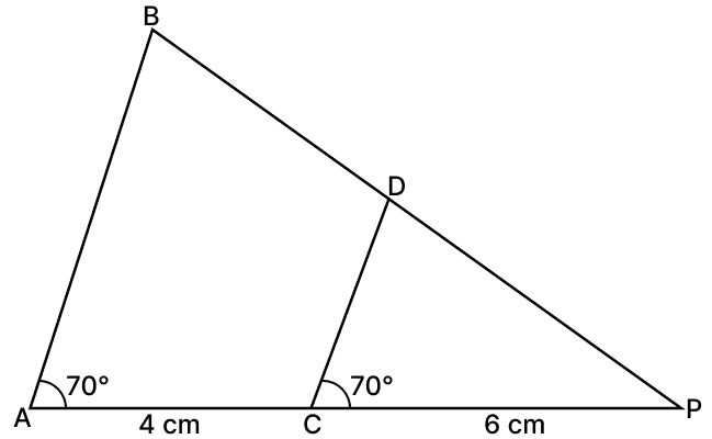 In the given figure, ∠BAP = ∠DCP = 70°, PC = 6 cm and CA = 4 cm, then PD : DB is equal to: Similarity of Triangles, RSA Mathematics Solutions ICSE Class 10.