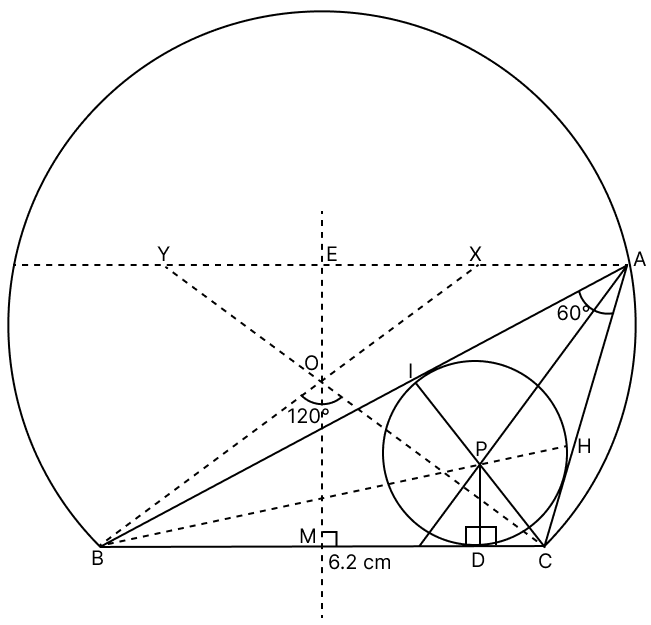 Using ruler and compasses only construct a ΔABC in which BC = 6.2 cm, ∠A = 60° and the altitude through A is 2.6 cm. Draw the incircle of the triangle. Tangent Properties of Circles, RSA Mathematics Solutions ICSE Class 10.