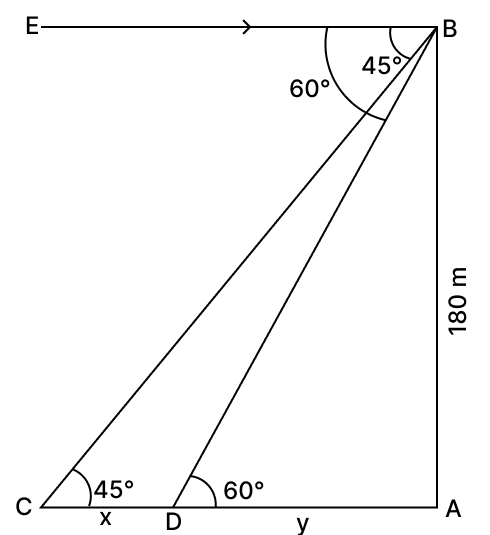 In the given figure, AB is a tower and two objects C and D are located on the ground on the same side of AB. When observed from the top B of the tower, their angles of depression are 45° and 60° respectively. Find the distance between the objects, if the height of the tower is 180 m. Volume And Surface Area of solid RSA Mathematics Solutions ICSE Class 10.