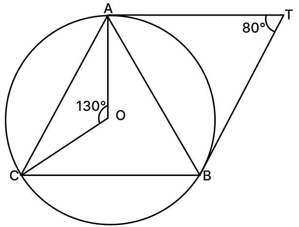 In the given figure, O is the centre of the circumcircle of ΔABC. Tangents at A and B intersect at T. If ∠ATB = 80° and ∠AOC = 130°, calculate ∠CAB. Tangent Properties of Circles, RSA Mathematics Solutions ICSE Class 10.