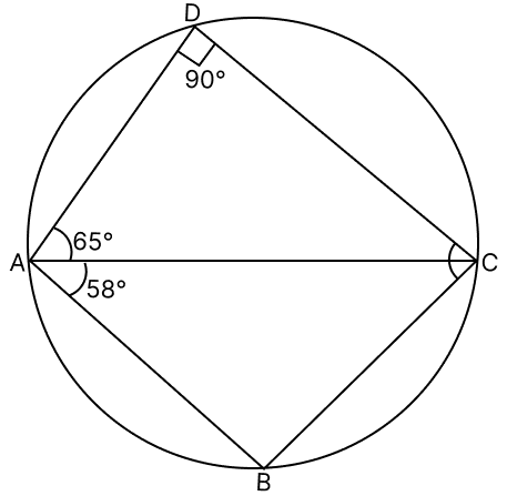 ABCD is a cyclic quadrilateral such that AC is a diameter of the circle. If ∠BAC = 58° and ∠DAC = 65°, then ∠BCD is equal to. Loci, RSA Mathematics Solutions ICSE Class 10.