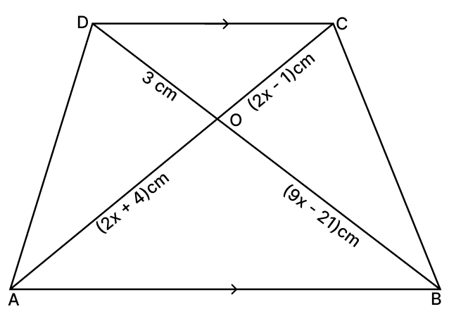 In the given figure, AB ∥ CD and OA = (2x + 4) cm, OB = (9x − 21) cm, OC = (2x − 1) cm and OD = 3 cm. Then x equals: Similarity of Triangles, RSA Mathematics Solutions ICSE Class 10.