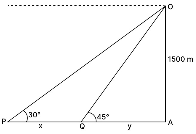 An aeroplane at an altitude of 1500 m finds that two ships are sailing towards it in the same direction. The angles of depression as observed from the aeroplane are 45° and 30° respectively. Find the distance between the two ships. Volume And Surface Area of solid RSA Mathematics Solutions ICSE Class 10.