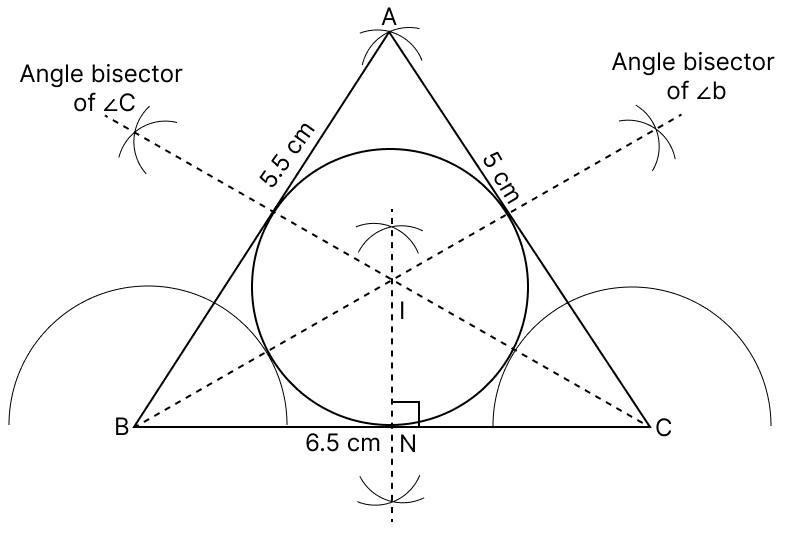 Construct a ΔABC with BC = 6.5 cm, AB = 5.5 cm and AC = 5 cm. Construct the incircle of the triangle. Measure the radius of the incircle. Tangent Properties of Circles, RSA Mathematics Solutions ICSE Class 10.