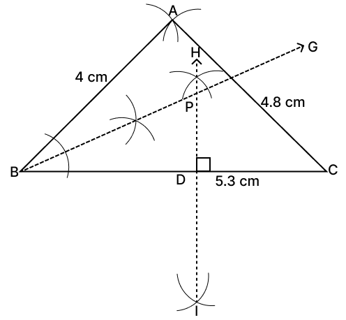Construct a ΔABC in which BC = 5.3 cm, CA = 4.8 cm and AB = 4 cm. Find by construction a point P which is equidistant from BC and AB and also equidistant from B and C. Loci, RSA Mathematics Solutions ICSE Class 10.