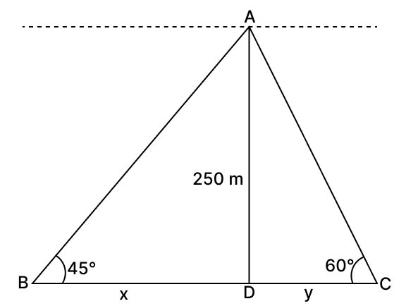 An aeroplane at an altitude of 250 m observes the angle of depression of two boats on the opposite banks of a river to be 45° and 60° respectively. Find the width of the river. Write the answer to the nearest whole number. Volume And Surface Area of solid RSA Mathematics Solutions ICSE Class 10.